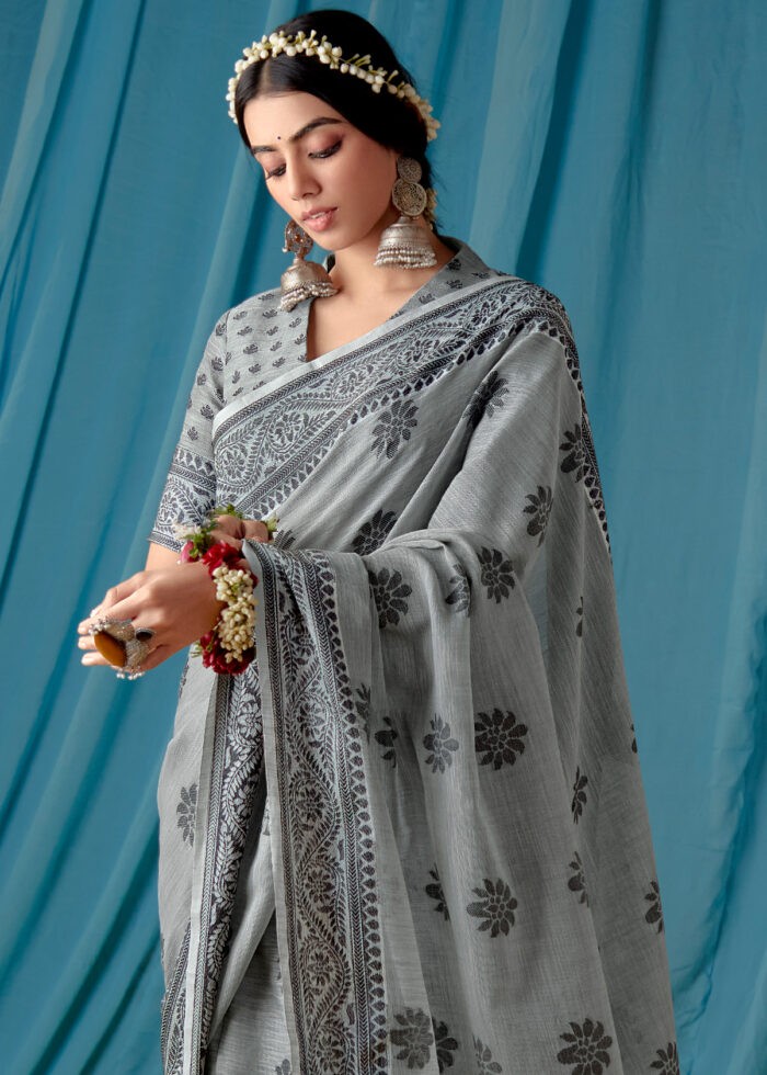 Rich Gray Lucknowi Chikankari Saree