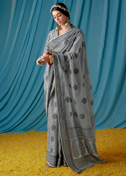 Rich Gray Lucknowi Chikankari Saree