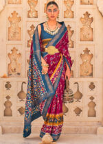 Rose Garnet & Blue Patola Silk Saree