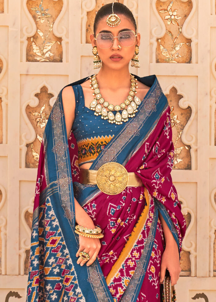 Rose Garnet & Blue Patola Silk Saree