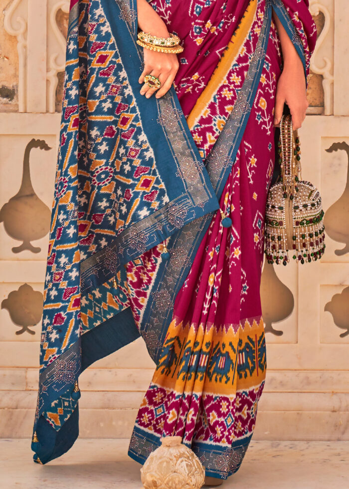 Rose Garnet & Blue Patola Silk Saree