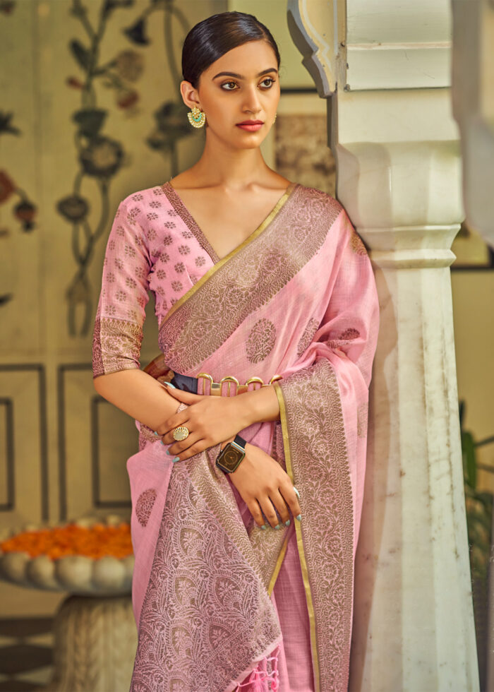 Rose Pink Linen Saree