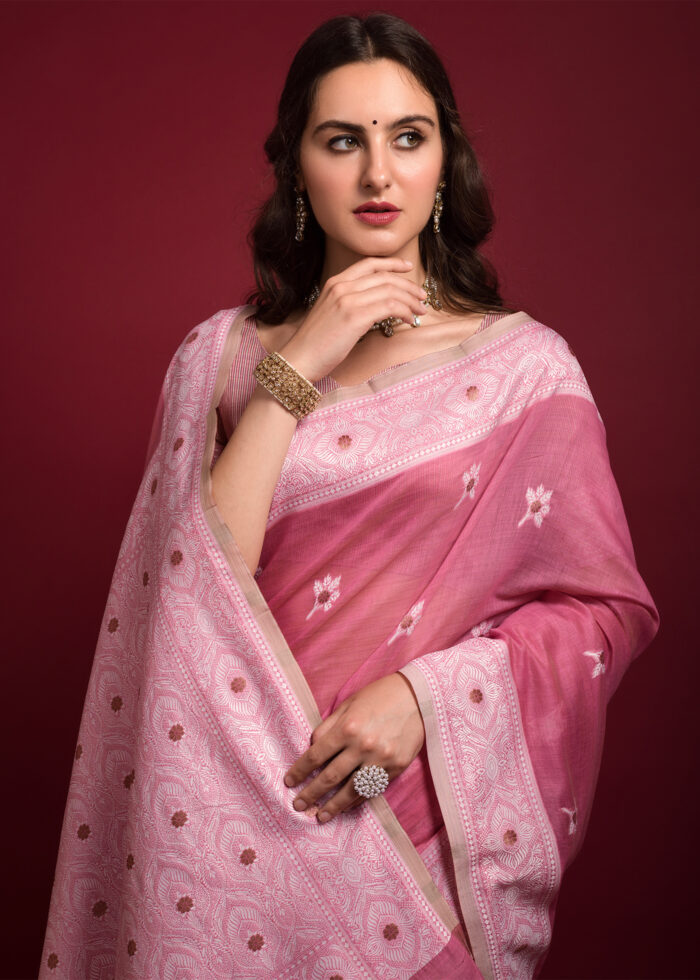 Rouge Pink Chikankari Chanderi Saree