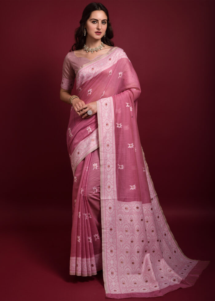 Rouge Pink Chikankari Chanderi Saree