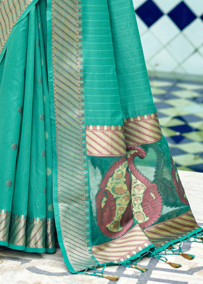 Sea Green Cotton Silk Banarasi Saree