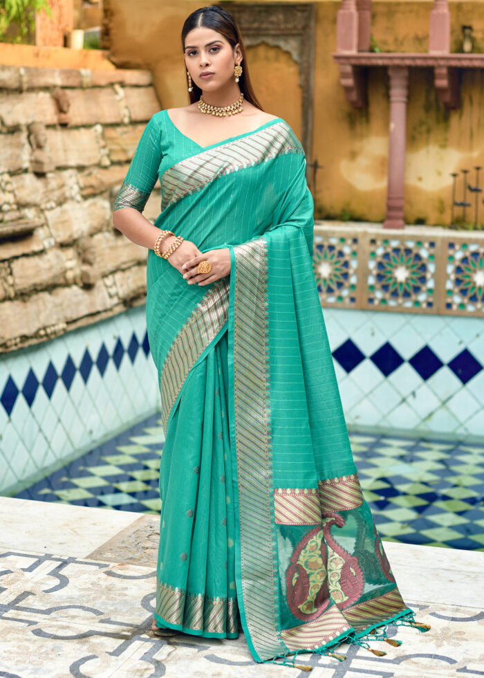 Sea Green Cotton Silk Banarasi Saree