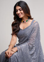 Silver Gray Georgette Sequins Saree