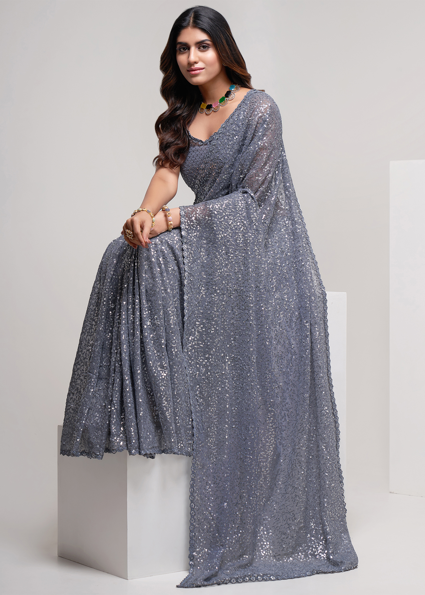 Silver Gray Georgette Sequins Saree