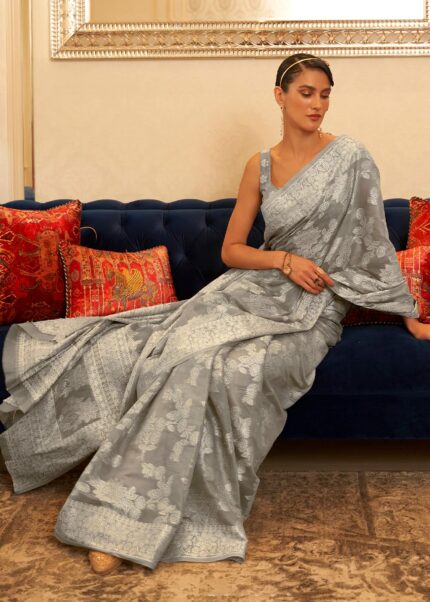 Silver Gray Lucknowi Chikankari Saree