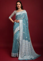 Sky Blue Chikankari Chanderi Saree