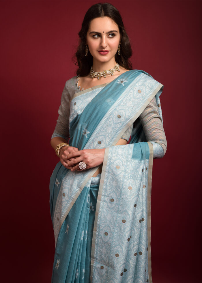 Sky Blue Chikankari Chanderi Saree