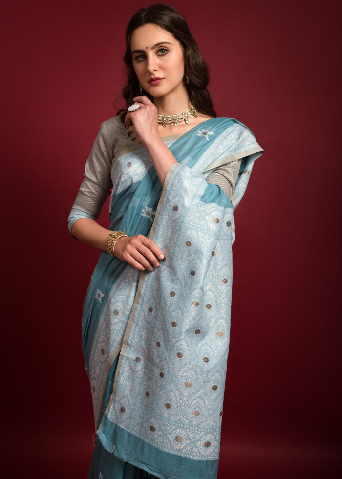 Sky Blue Chikankari Chanderi Saree