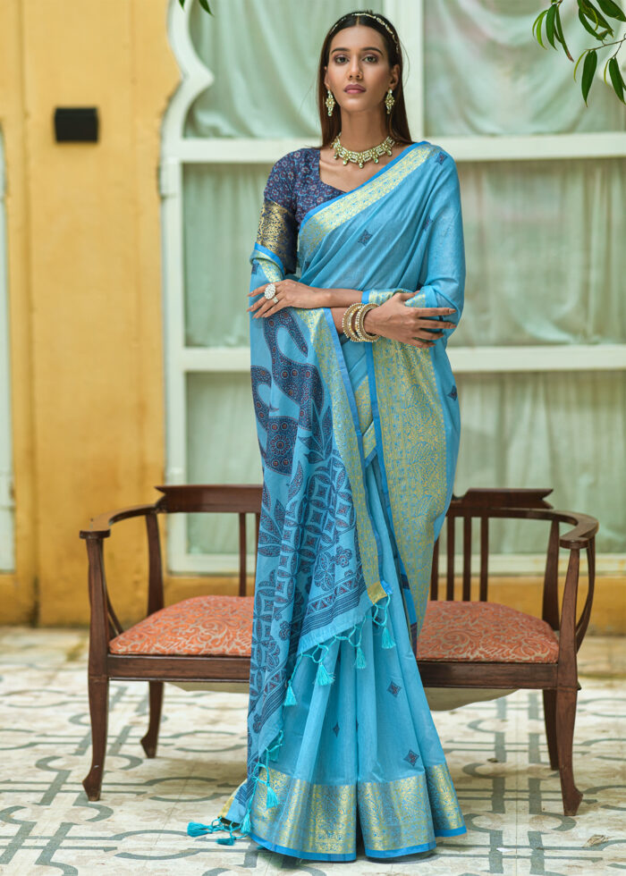 Sky Blue Cotton Silk Saree