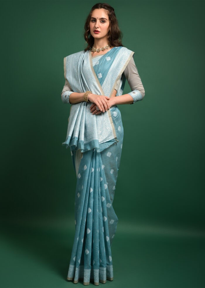 Sky Blue Lucknowi Chikankari Saree