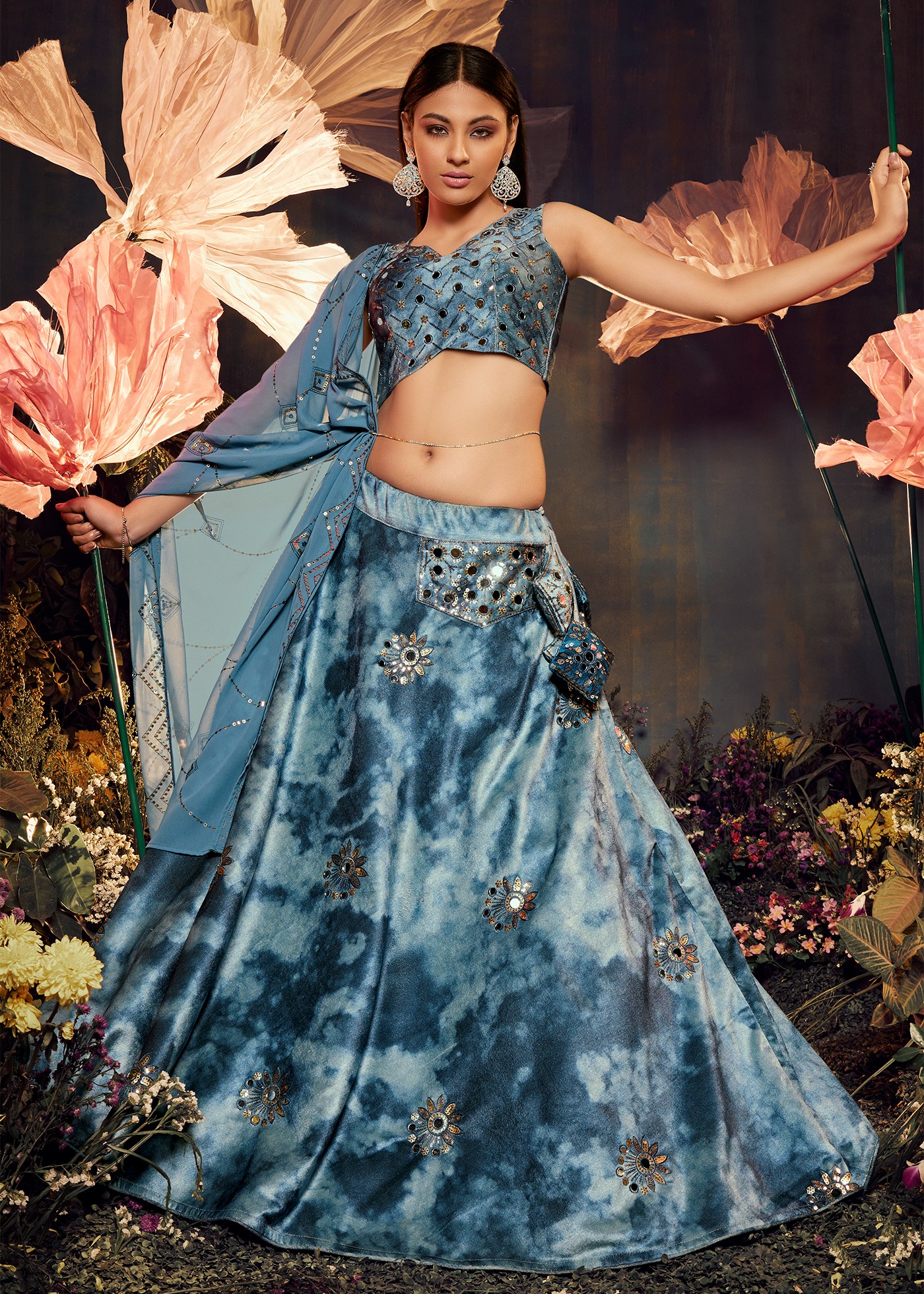 Sky Blue Velvet Lehenga Choli