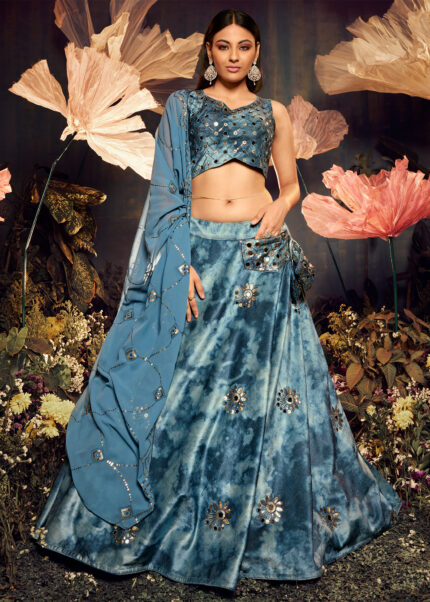 Sky Blue Velvet Lehenga Choli