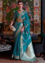 Teal Blue Banarasi Organza Saree