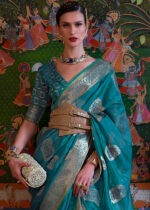 Teal Blue Banarasi Organza Saree