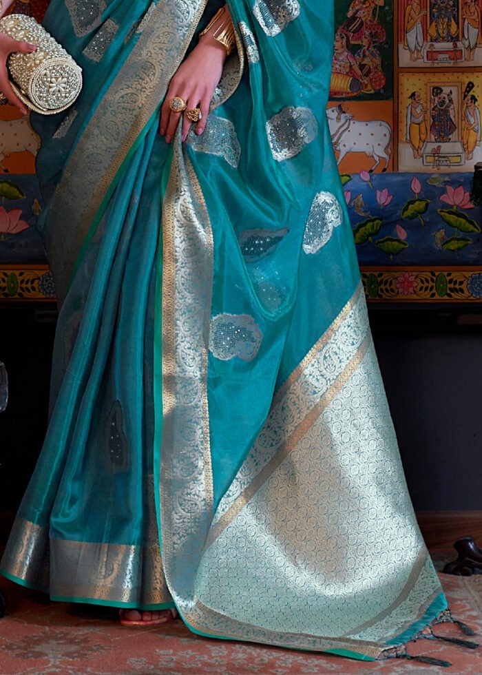 Teal Blue Banarasi Organza Saree