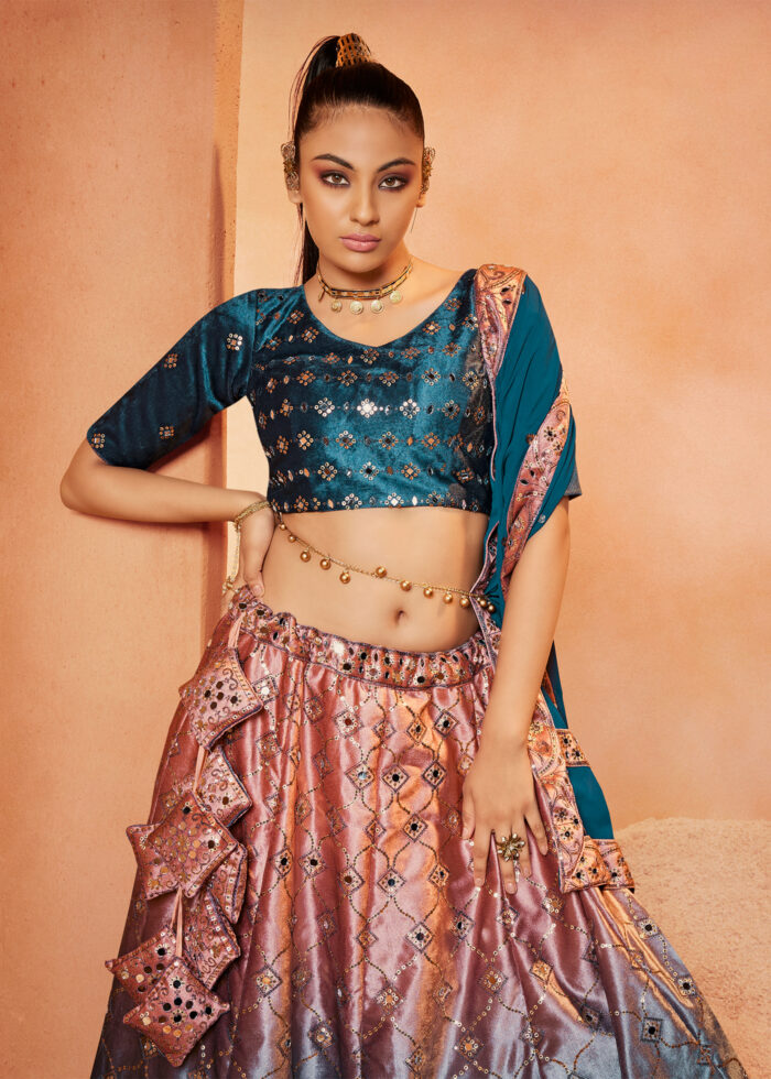 Teal Blue Velvet Lehenga Choli