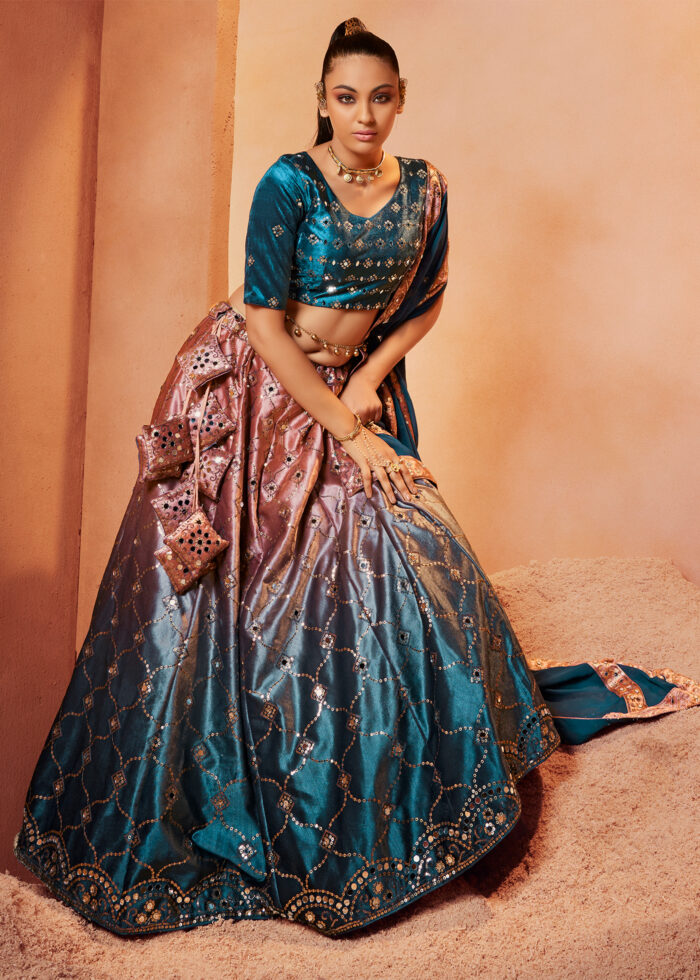 Teal Blue Velvet Lehenga Choli