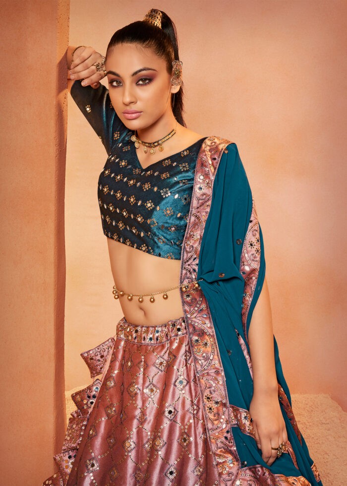 Teal Blue Velvet Lehenga Choli