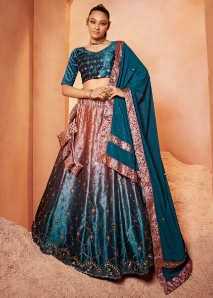 Teal Blue Velvet Lehenga Choli