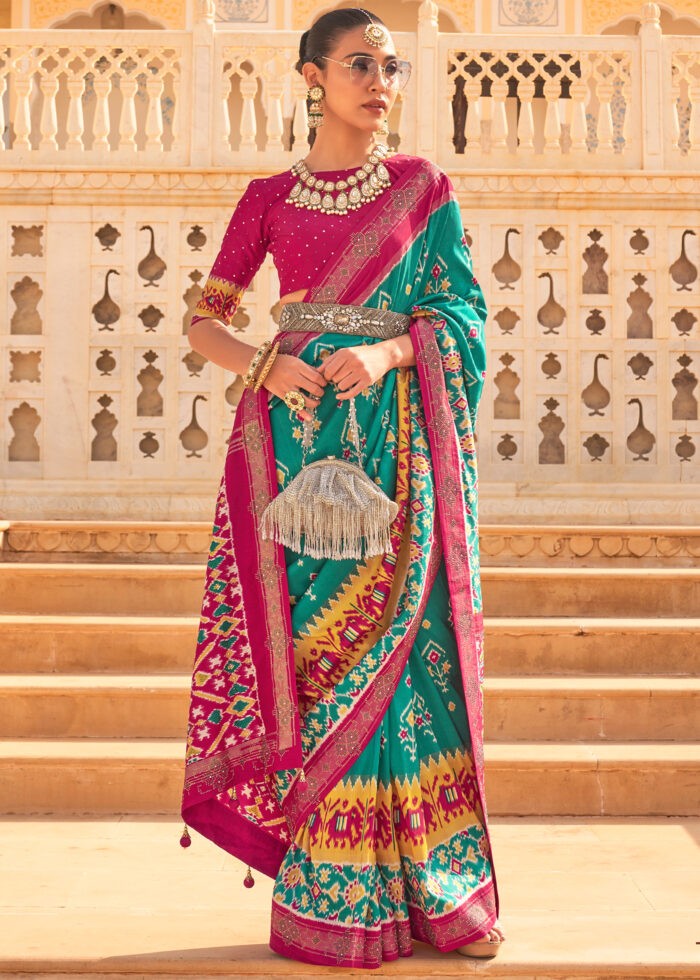 Teal Green & Jazzberry Jam Patola Silk Saree