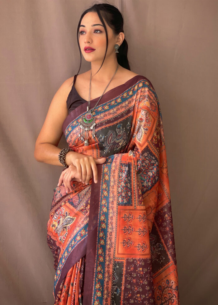 Tulip Orange Kalamkari Cotton Saree