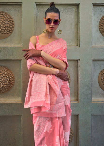 Tulip Pink Lucknowi Chikankari Saree