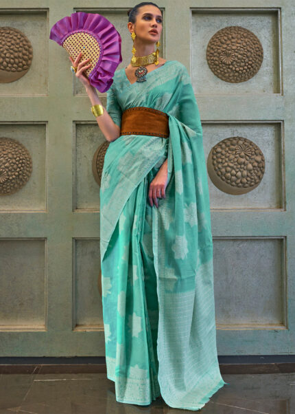 Turquoise Lucknowi Chikankari Saree