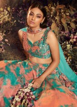 Turquoise & Orange Velvet Lehenga Choli