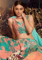 Turquoise & Orange Velvet Lehenga Choli