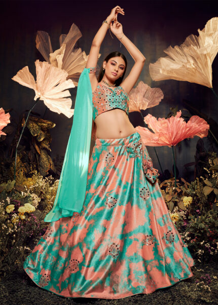 Turquoise & Orange Velvet Lehenga Choli