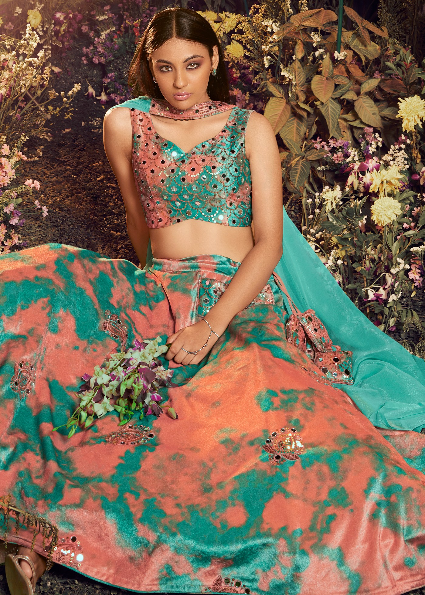 Turquoise & Orange Velvet Lehenga Choli