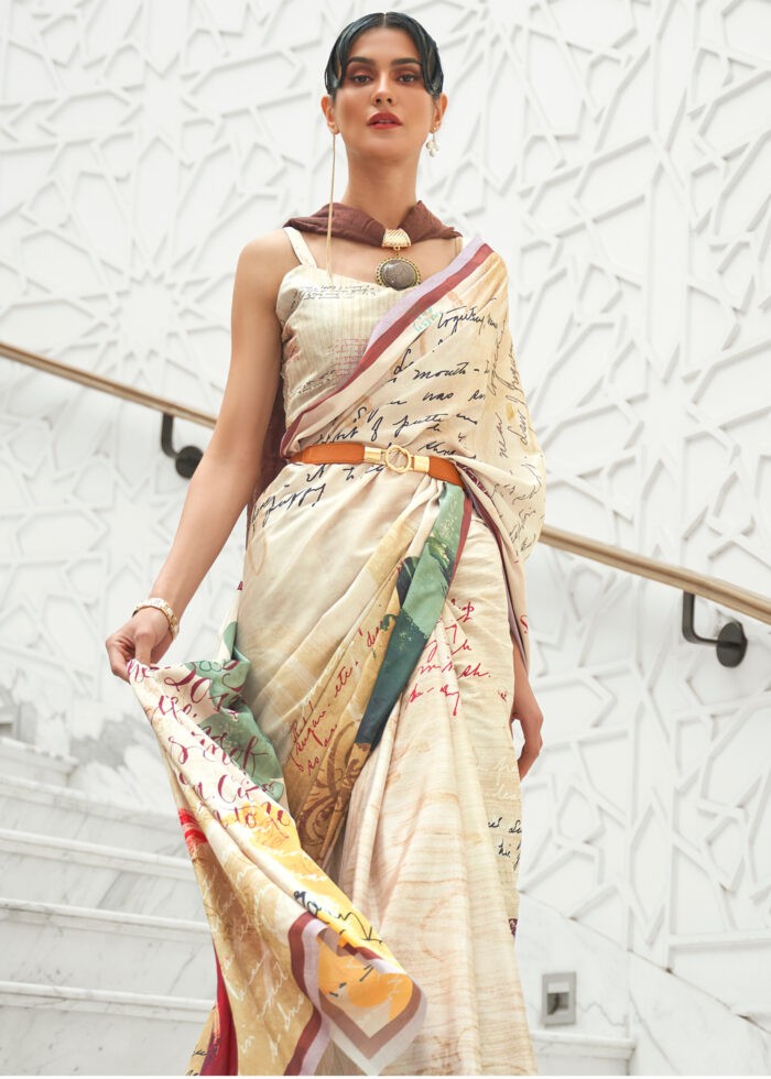 White Satin Crepe Kalamkari Saree