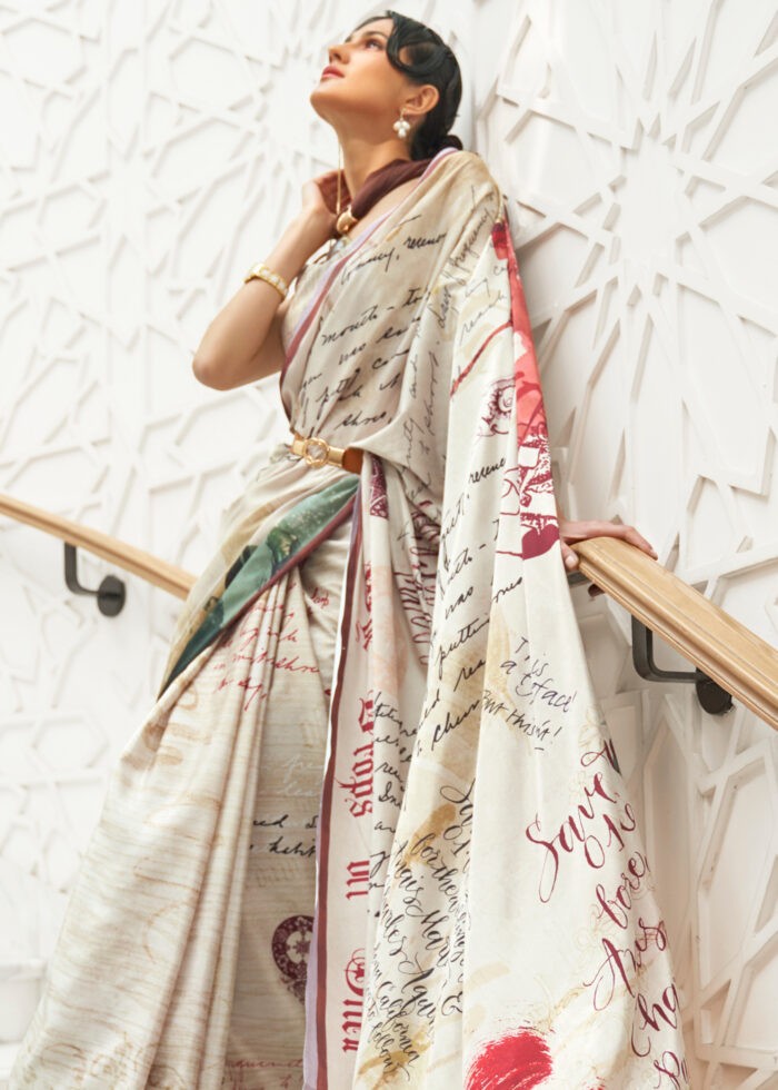 White Satin Crepe Kalamkari Saree