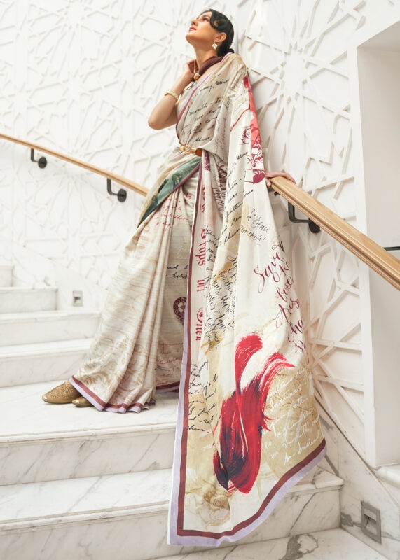 White Satin Crepe Kalamkari Saree