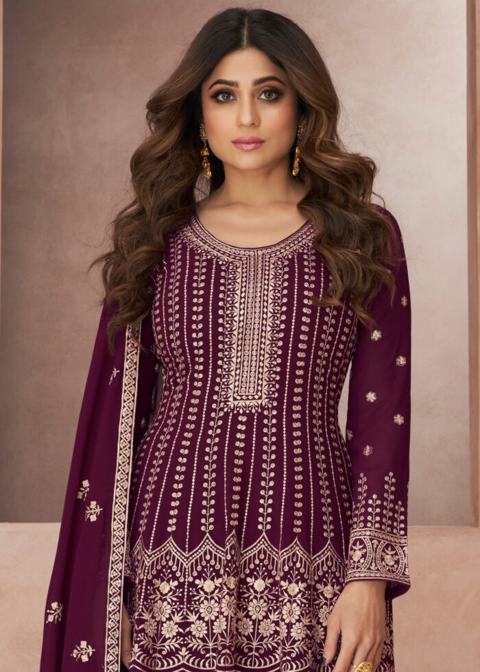 Wine Purple Embroidery Palazzo Suit