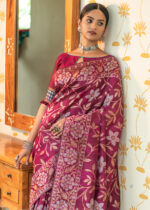 Wine Purple Jamdani Tussar Silk Saree