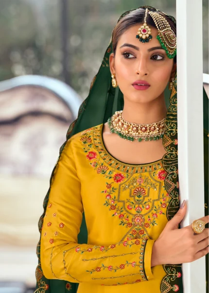 Zinc Yellow & Green Georgette Sharara Suit