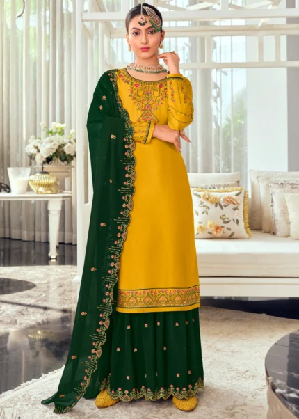 Zinc Yellow & Green Georgette Sharara Suit