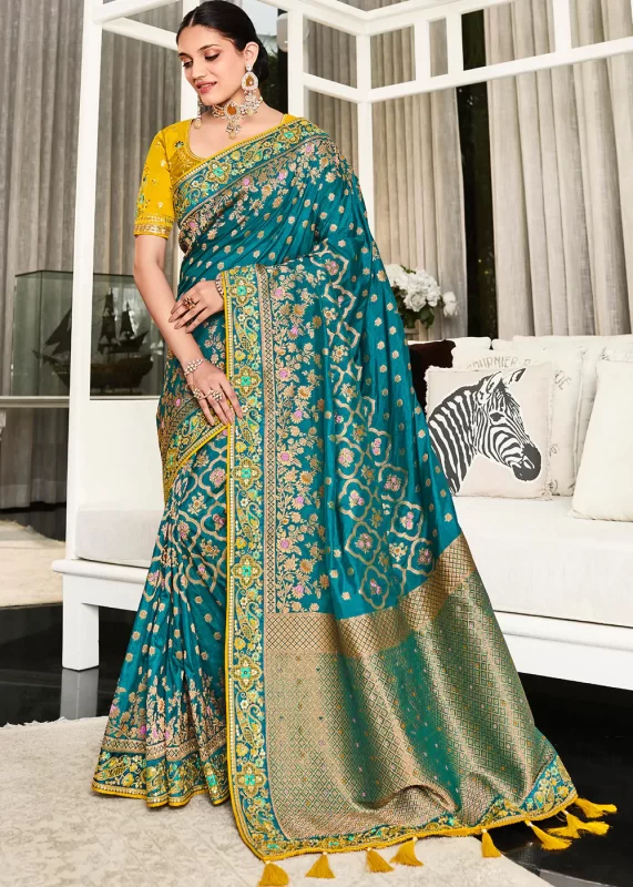 Azure Blue Satin Silk Banarasi Saree