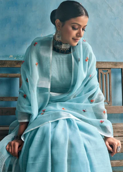 Baby Blue Embroidered Linen Saree