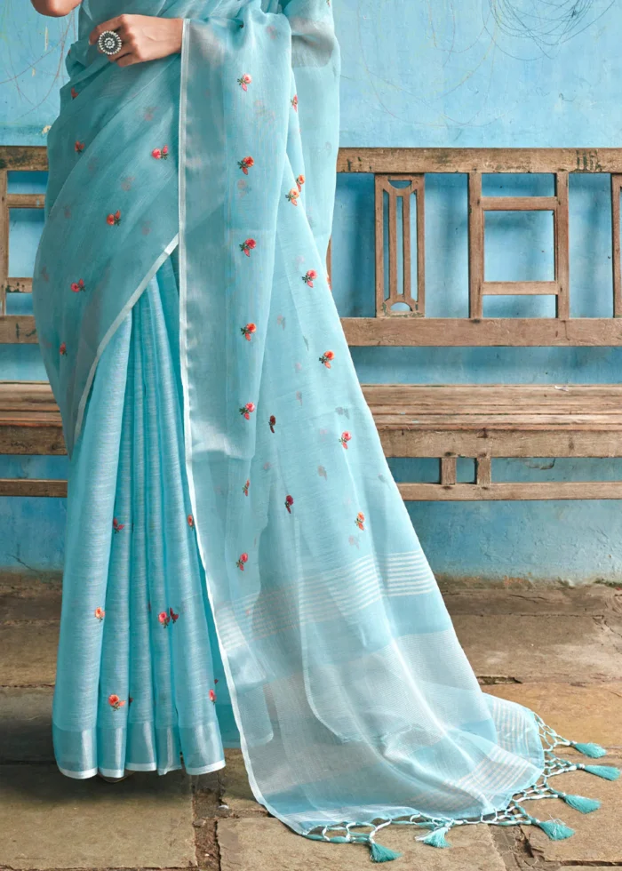 Baby Blue Embroidered Linen Saree