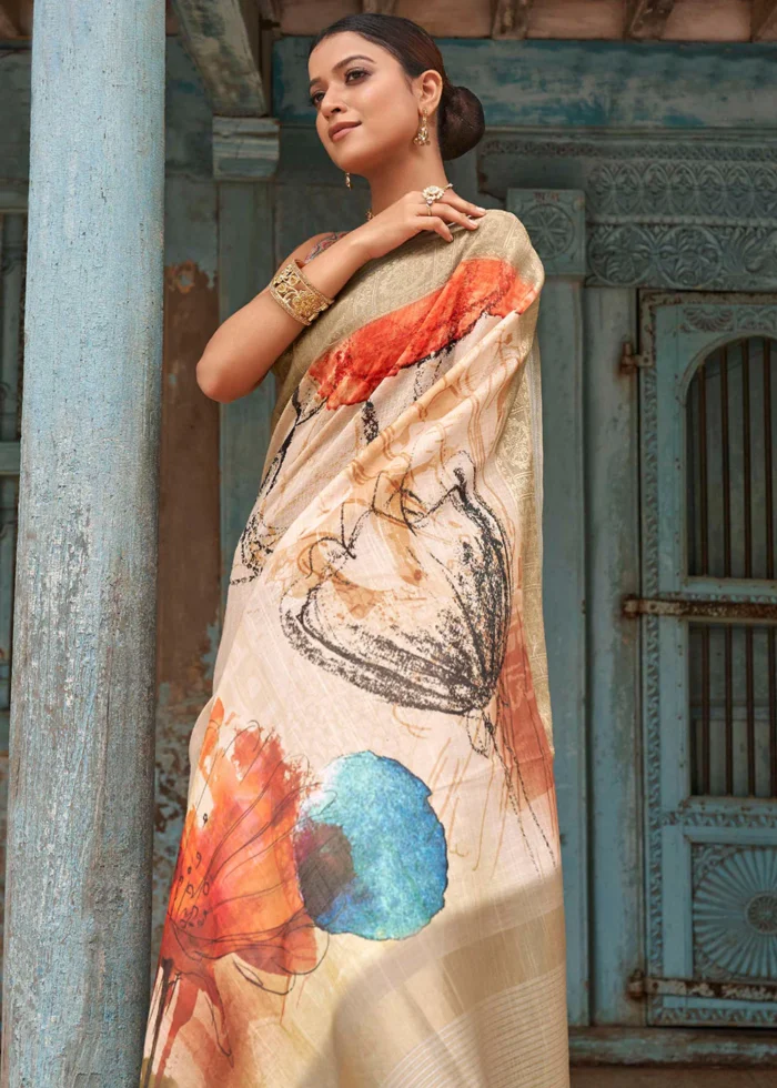 Beige Printed Linen Silk Saree