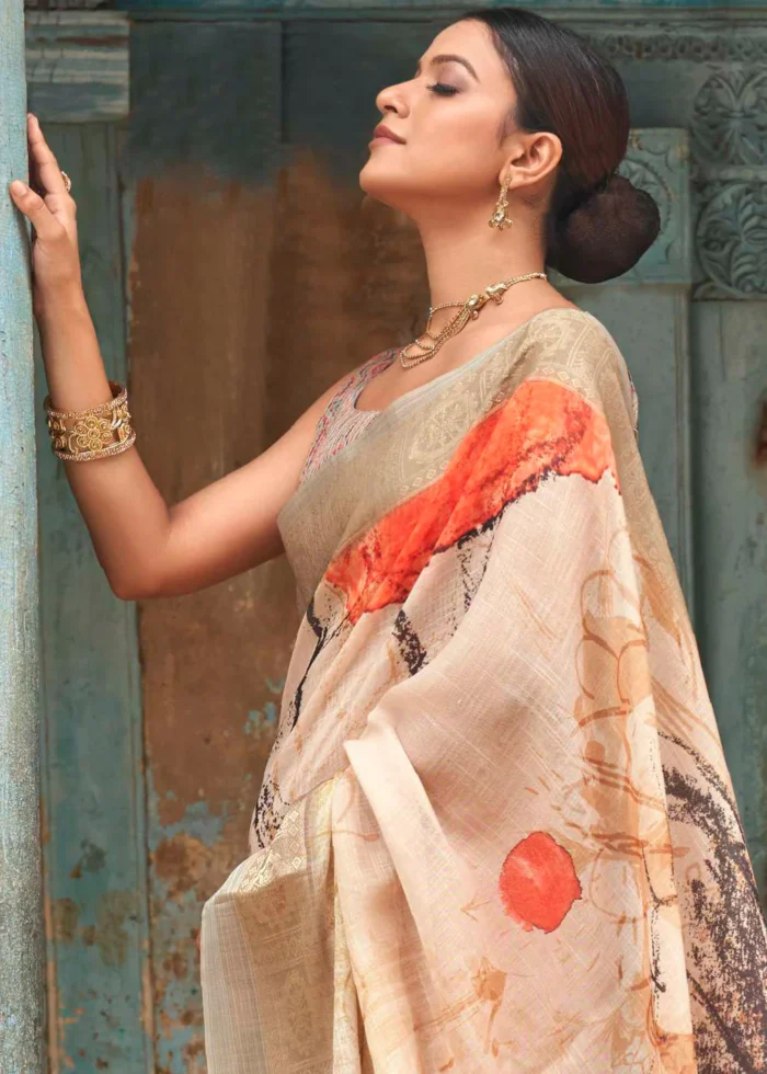 Beige Printed Linen Silk Saree