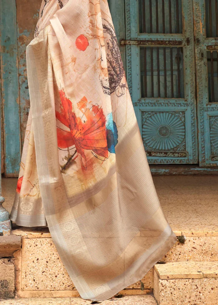 Beige Printed Linen Silk Saree