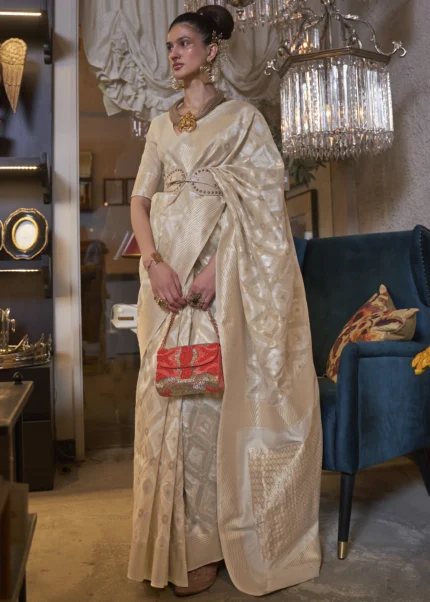 Beige Woven Linen Silk Saree