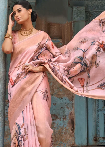 Blossom Pink Printed Linen Silk Saree